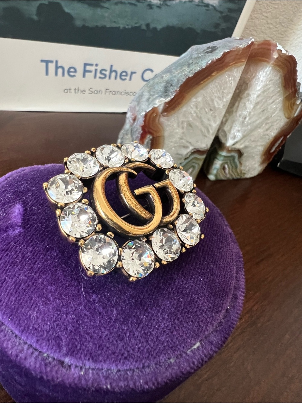 Gucci Gold Tone GG Crystal Brooch - like new!